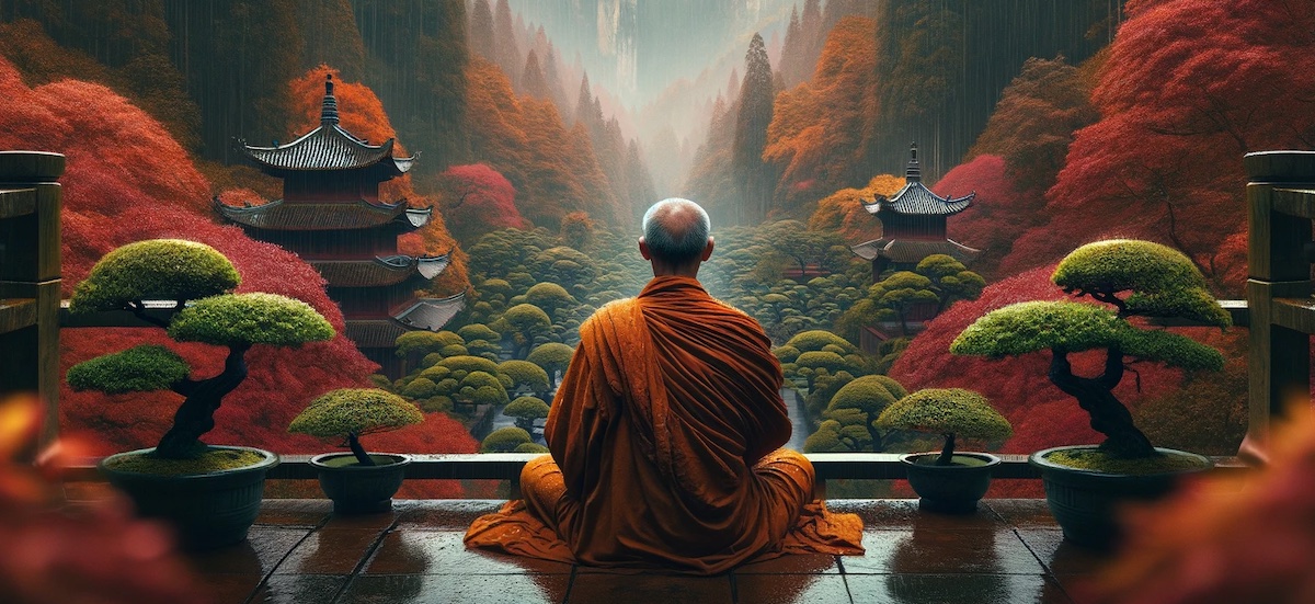 A monk peacefully meditating in the fall overlooking a remote valley lined with colorful trees from oranges, to yellows, to greens. The image invokes a sense of calm and peace.